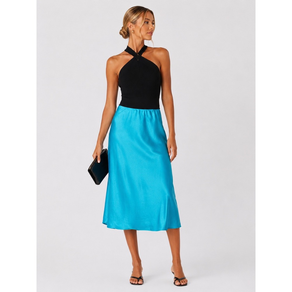Club‎ Monaco Teal Blue Viscose Linen Midi Slip Skirt Solid A-Line 2 XS